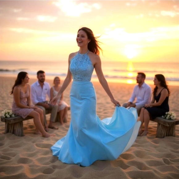 Sherri Hill Crystal Halter Gown Set ✦ Light Blue 2‑Piece Prom Dress w/ Train ✦ 4 - Picture 1 of 17